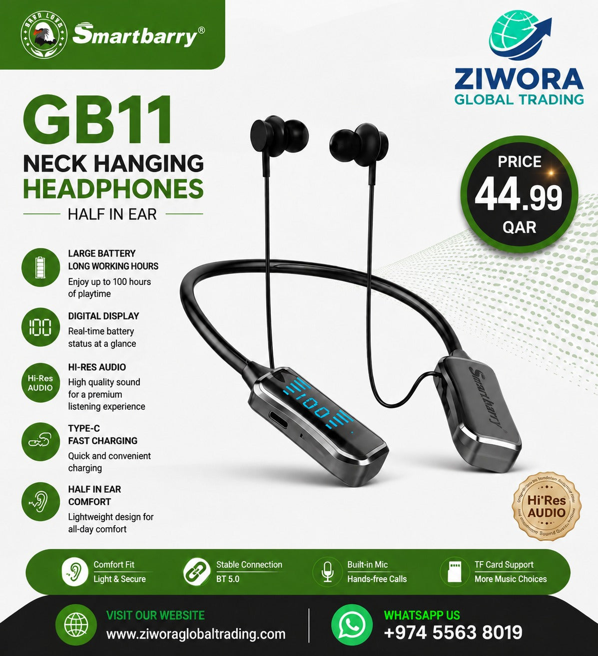 Smartberry GB11 Wireless Neckband Bluetooth Earphones with Digital Display, Hi-Res Audio, Type-C Fast Charging, Built-in Microphone & TF Card Support – Black