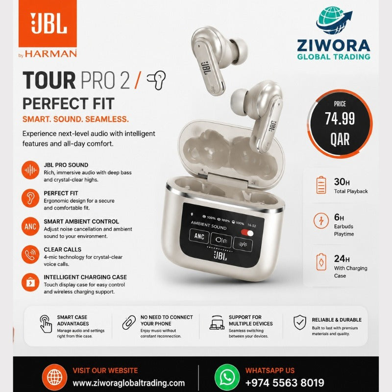 JBL Tour Pro 2 True Wireless ANC Earbuds with Smart Touch Display Charging Case | Hi-Res Audio | 30 Hours Total Playback | Crystal Clear 4-Mic Calls | Bluetooth Earphones