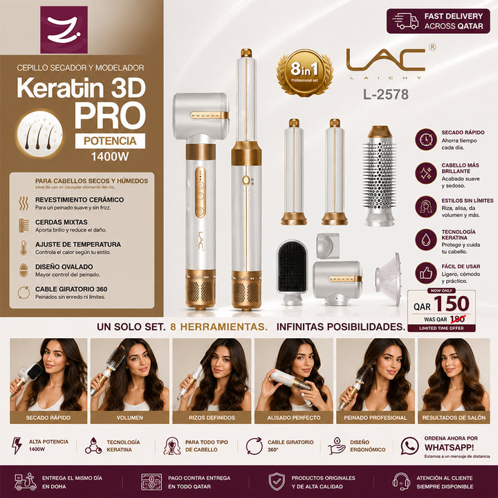 Keratin 3D Pro 8 in 1 white Hair Styler Brush & Hair Dryer, Hair Curler,Hot Air Brush Set,1400 RPM High Speed Multi Styler Hair