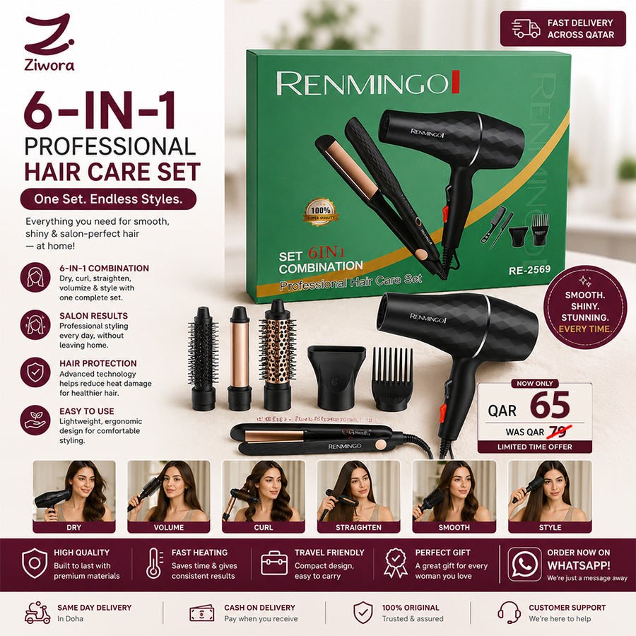 6-in-1 Hair Styling Set for Women – Fast Heating Hair Dryer & Straightener