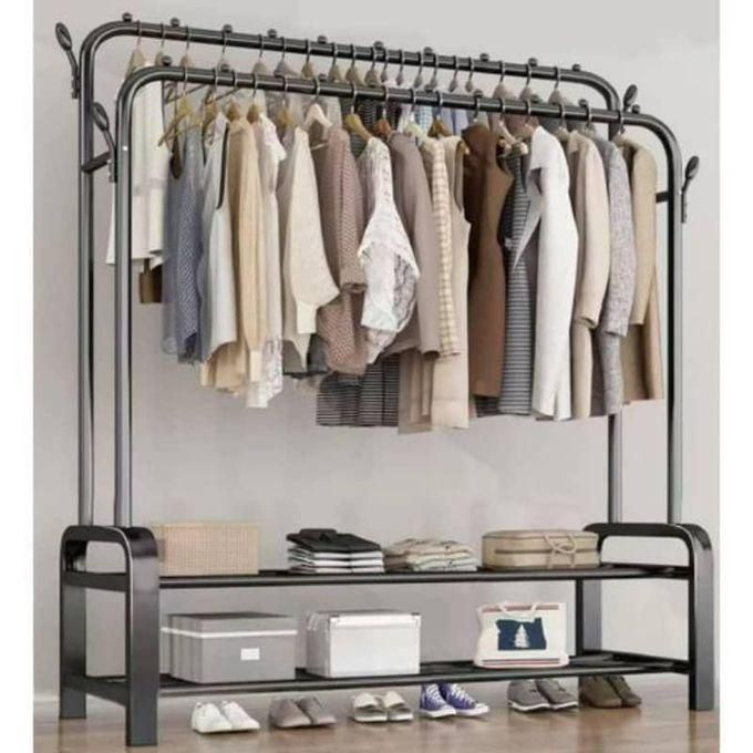 Share this product    Quality Strong Double Pole Heavy Duty Metal Hanger With Dual Storage Organizer & Wheels