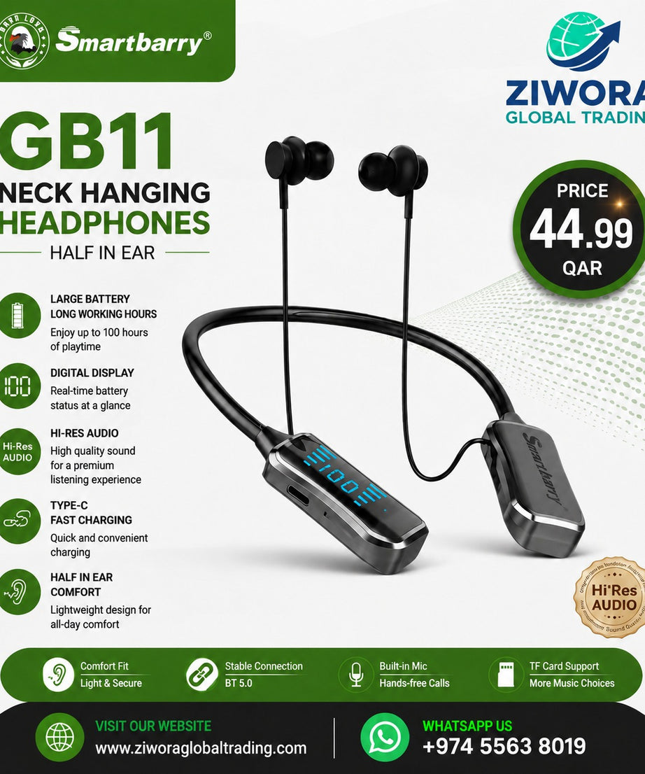 Smartberry GB11 Wireless Neckband Bluetooth Earphones with Digital Display, Hi-Res Audio, Type-C Fast Charging, Built-in Microphone & TF Card Support – Black
