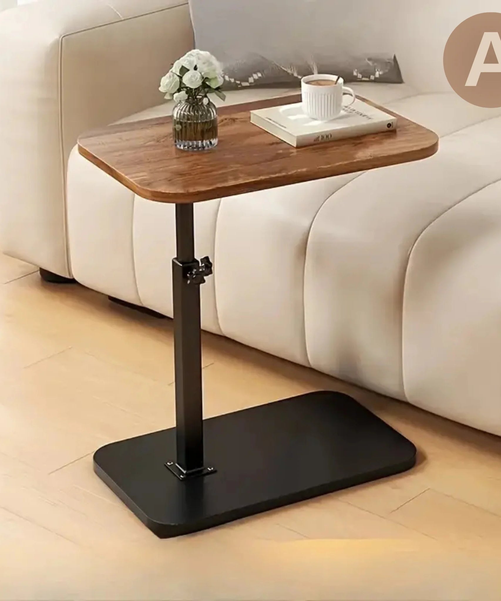 C Shaped Height Adjustable Rotating Wooden Coffee Side Table
