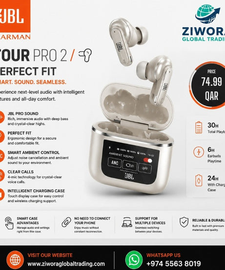 JBL Tour Pro 2 True Wireless ANC Earbuds with Smart Touch Display Charging Case | Hi-Res Audio | 30 Hours Total Playback | Crystal Clear 4-Mic Calls | Bluetooth Earphones
