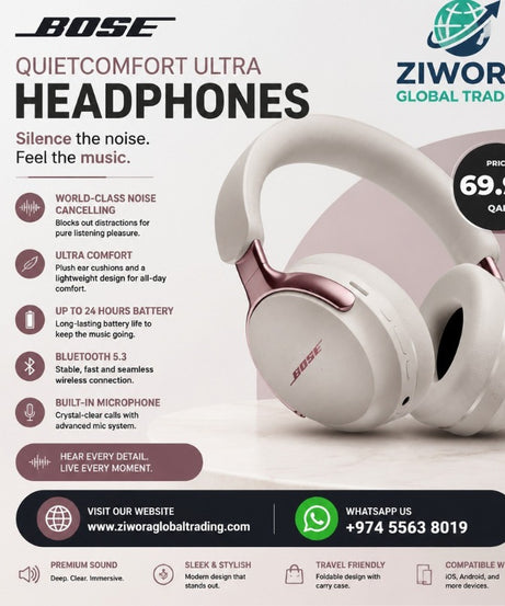 Bose QuietComfort Ultra Wireless Over-Ear Noise Cancelling Headphones with Bluetooth 5.3, Built-in Microphone & Up to 24 Hours Battery Life – White