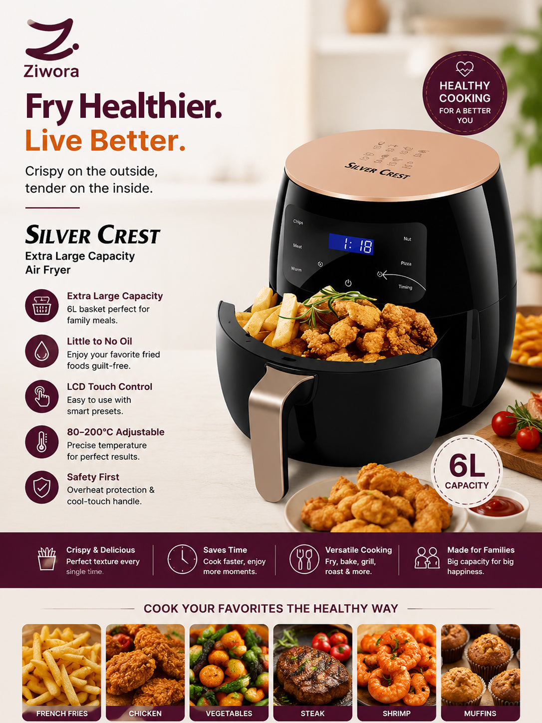 Silver Crest Extra Large Capacity Air Fryer 6L