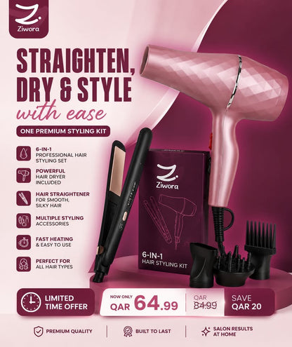 6-in-1 Hair Styling Set for Women – Fast Heating Hair Dryer & Straightener