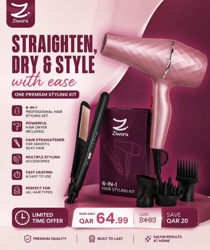 6-in-1 Hair Styling Set for Women – Fast Heating Hair Dryer & Straightener