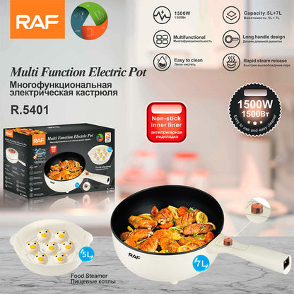 RAF Multipurpose Household 7L+5L Electric Skillets Cooking Pot Electric Cooker With Food Steamer