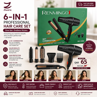 6-in-1 Hair Styling Set for Women – Fast Heating Hair Dryer & Straightener