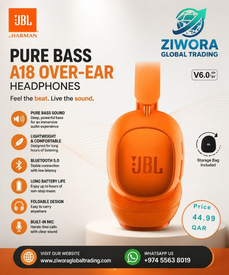 JBL A18 Wireless Over-Ear Bluetooth Headphones with Pure Bass Sound, Foldable Design, Built-in Microphone & Long Battery Life – Orange